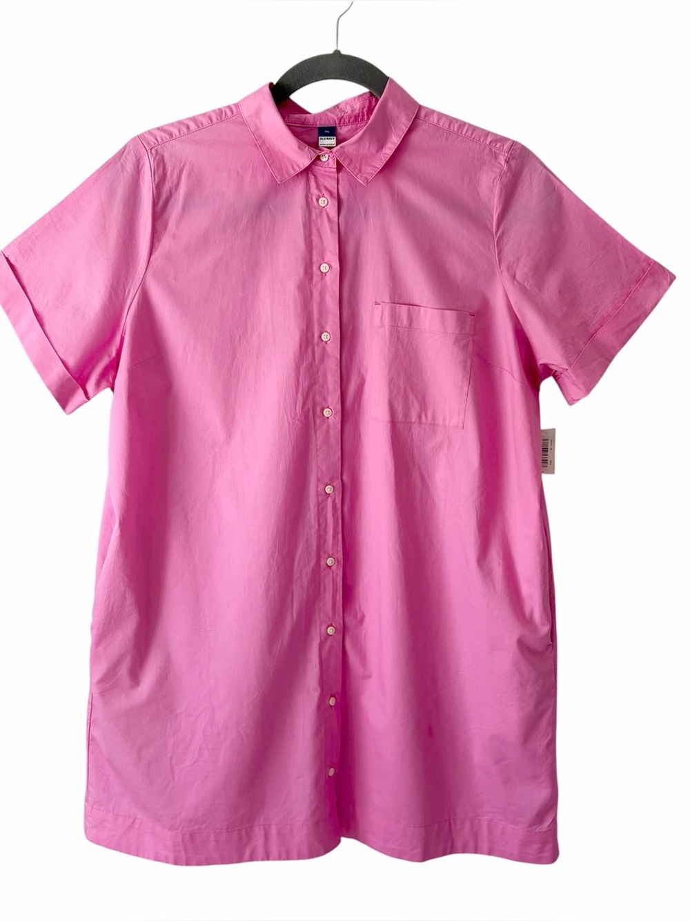 Women’s 100% Cotton Pink Short-Sleeve Button-front Relaxed fit shirt dress; XL